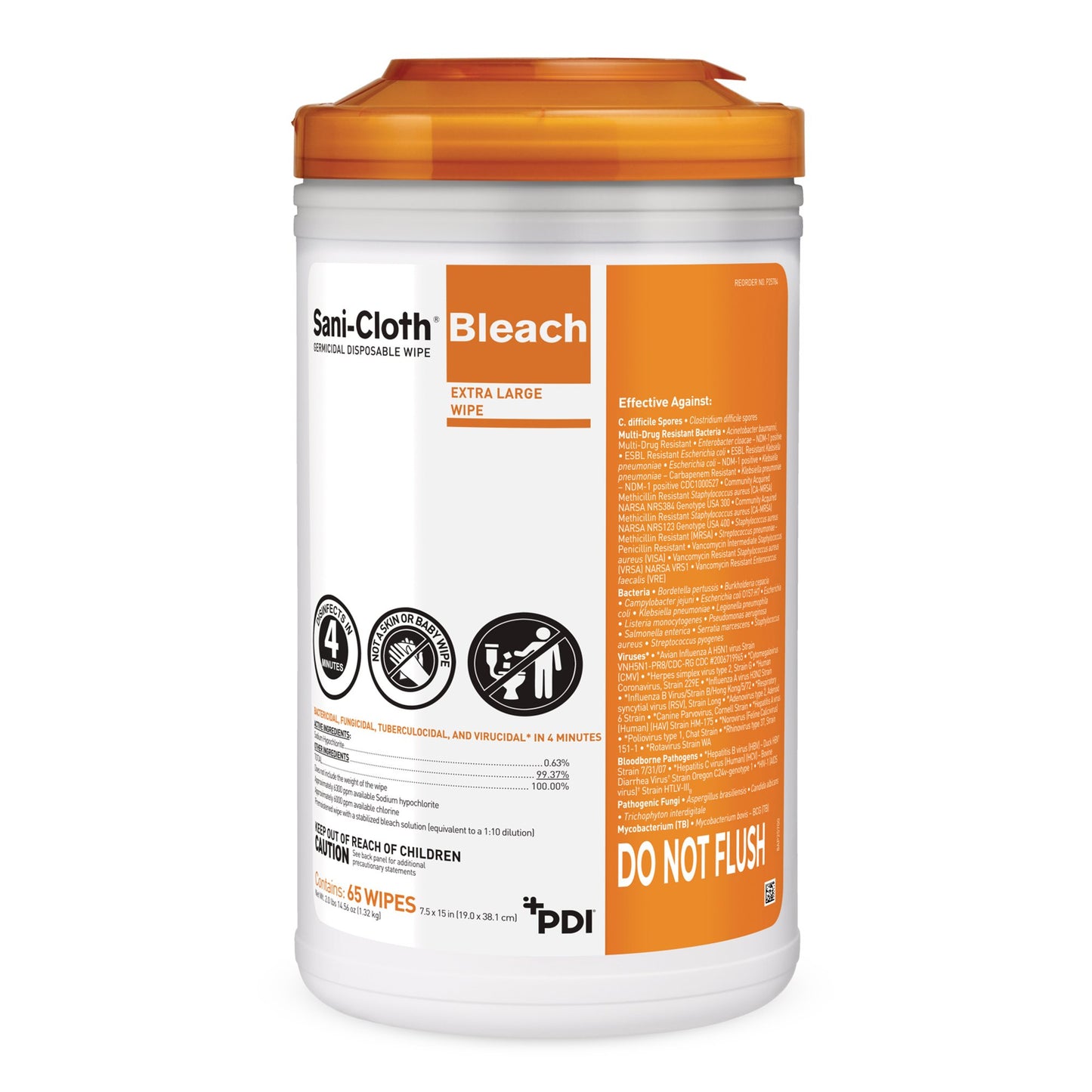 Sani-Cloth® Bleach Surface Disinfectant Cleaner Premoistened Germicidal Manual Pull Wipe 65 Count Canister Chlorine Scent NonSterile (835086_CS)