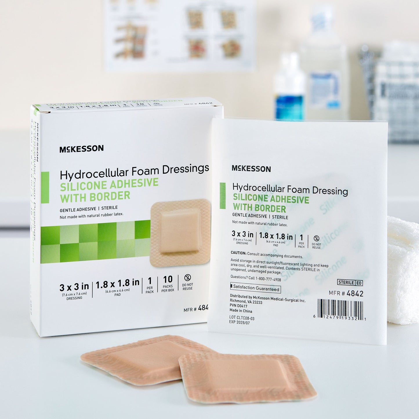 McKesson Foam Dressing 3 X 3 Inch With Border Film Backing Silicone Gel Adhesive Square Sterile (886431_BX)