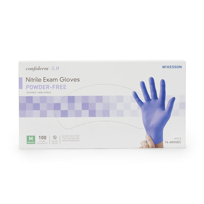 McKesson Confiderm® 3.0 Exam Glove Medium NonSterile Nitrile Standard Cuff Length Textured Fingertips Blue Not Rated (1107941_BX)