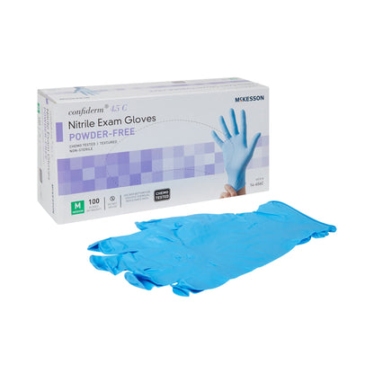 McKesson Confiderm® 4.5C Exam Glove Medium NonSterile Nitrile Standard Cuff Length Textured Fingertips Blue Chemo Tested (921603_CS)