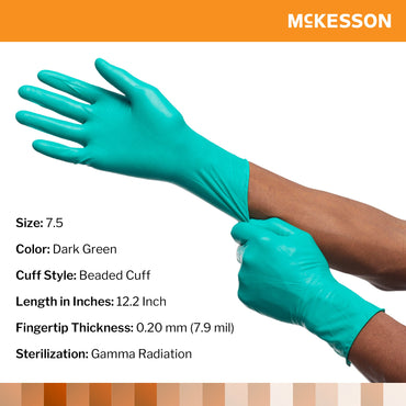 McKesson Perry® Performance Plus Surgical Glove Size 7.5 Sterile Polychloroprene Standard Cuff Length Smooth Dark Green Chemo Tested (1044739_BX)