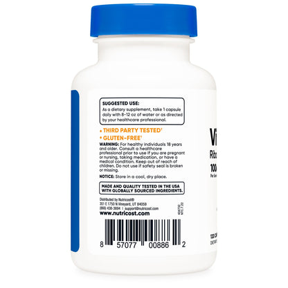 nutricost® Vitamin B2 Riboflavin Dietary Supplement Vitamin B2 100 mg Strength Capsule 120 Per Bottle (1270259_BT)