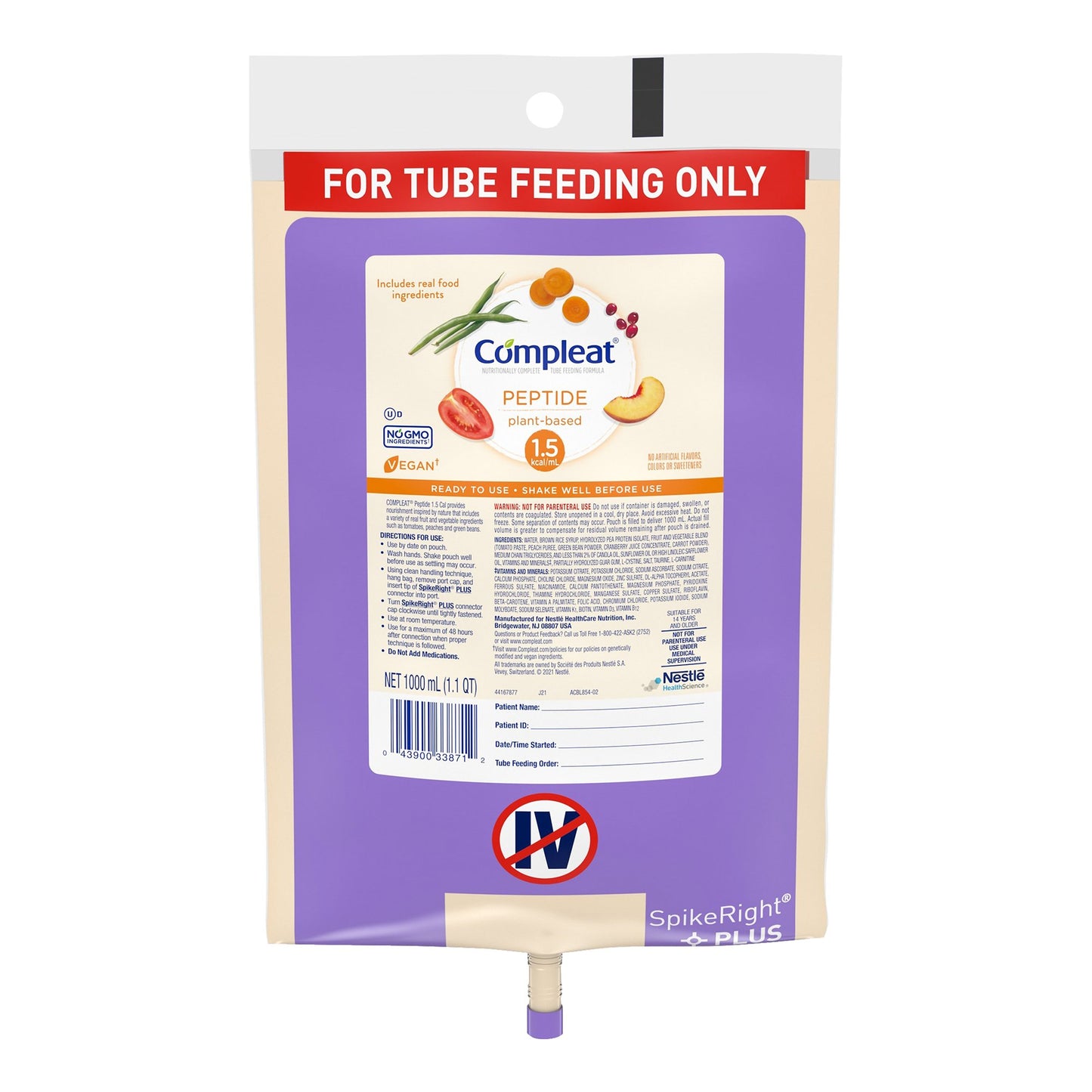 Compleat® Peptide 1.5 Tube Feeding Formula Unflavored Liquid 1000 mL Ready to Hang Prefilled Container (1206145_CS)