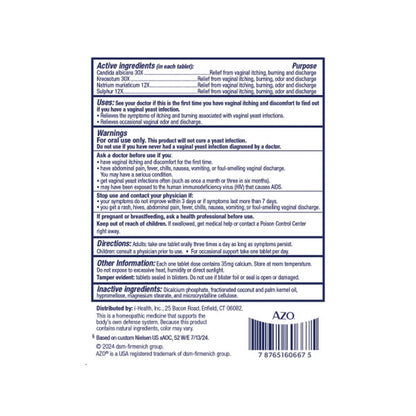 AZO® Yeast® Plus Pain Relief 30X - 30X - 12X -12X Strength Candida Albicans / Kreosotum / Natrium Muriaticum / Sulphur Tablet 60 per Box (1268929_BX)