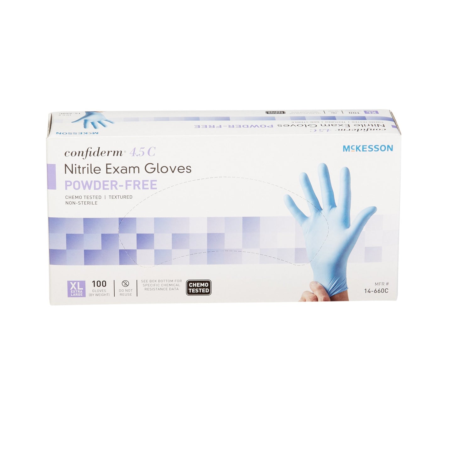McKesson Confiderm® 4.5C Exam Glove X-Large NonSterile Nitrile Standard Cuff Length Textured Fingertips Blue Chemo Tested (921605_BX)