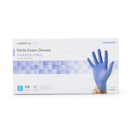 McKesson Confiderm® 3.0 Exam Glove Large NonSterile Nitrile Standard Cuff Length Textured Fingertips Blue Not Rated (957803_BX)