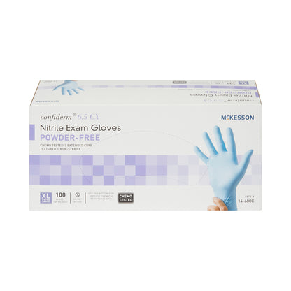 McKesson Confiderm® 6.5CX Exam Glove X-Large NonSterile Nitrile Extended Cuff Length Textured Fingertips Blue Chemo Tested (921609_CS)