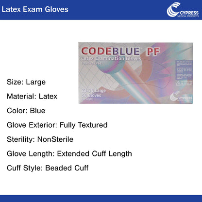 CODEBLUE® PF Exam Glove Large NonSterile Latex Extended Cuff Length Fully Textured Blue Not Rated (546242_CS)
