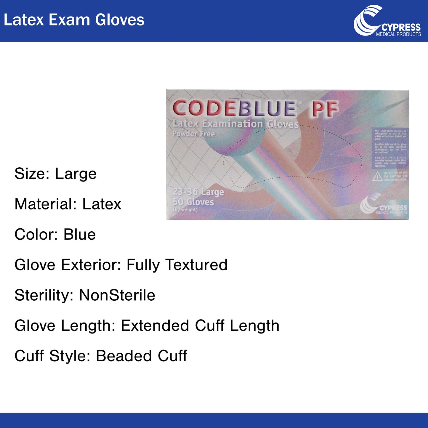CODEBLUE® PF Exam Glove Large NonSterile Latex Extended Cuff Length Fully Textured Blue Not Rated (546242_BX)