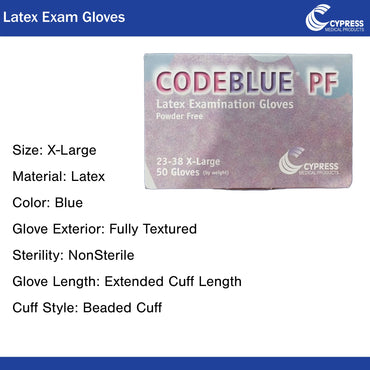 CODEBLUE® PF Exam Glove X-Large NonSterile Latex Extended Cuff Length Fully Textured Blue Not Rated (546243_CS)