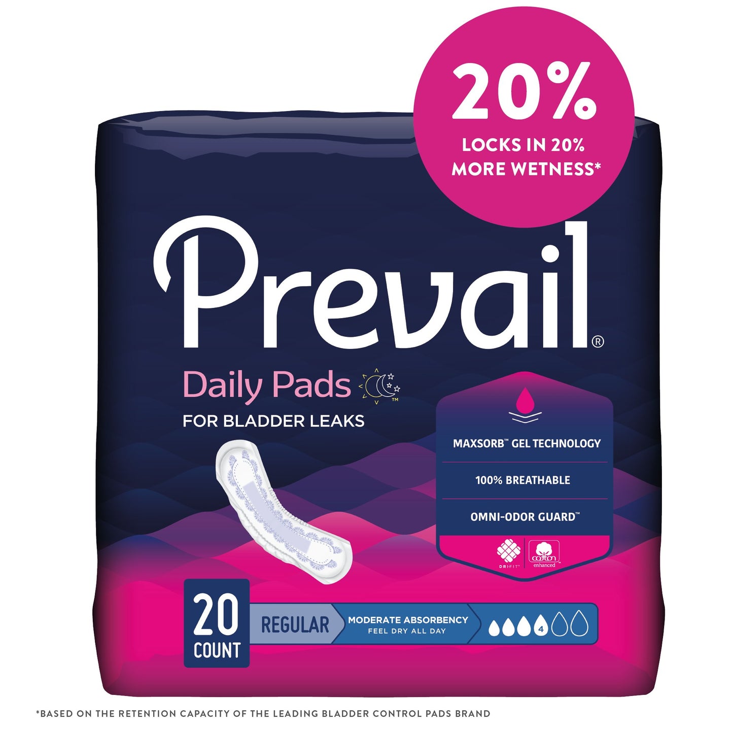 Prevail® Daily Pads Bladder Control Pad 9-1/4 Inch Length Moderate Absorbency Polymer Core One Size Fits Most (409931_BG)