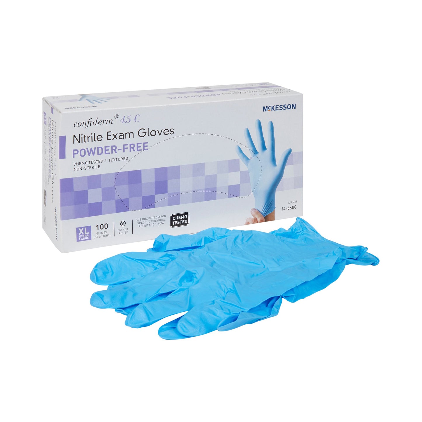 McKesson Confiderm® 4.5C Exam Glove X-Large NonSterile Nitrile Standard Cuff Length Textured Fingertips Blue Chemo Tested (921605_BX)