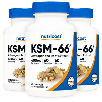 nutricost® KSM-66® Dietary Supplement Ashwagandha Extract / Black Pepper Extract 600 mg - 5 mg Strength Capsule 60 Per Bottle (1270264_BT)