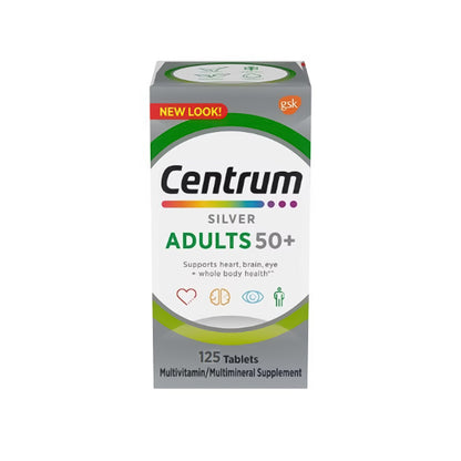 Centrum® Silver® Adults 50+ Multimineral / Multivitamin Supplement Vitamin A / C / D3 / E / K 750 mcg / 60 mg / 25 mcg / 22.5 mg / 30 mcg / 1.5 mg Strength Tablet 125 per Bottle (1230547_BT)