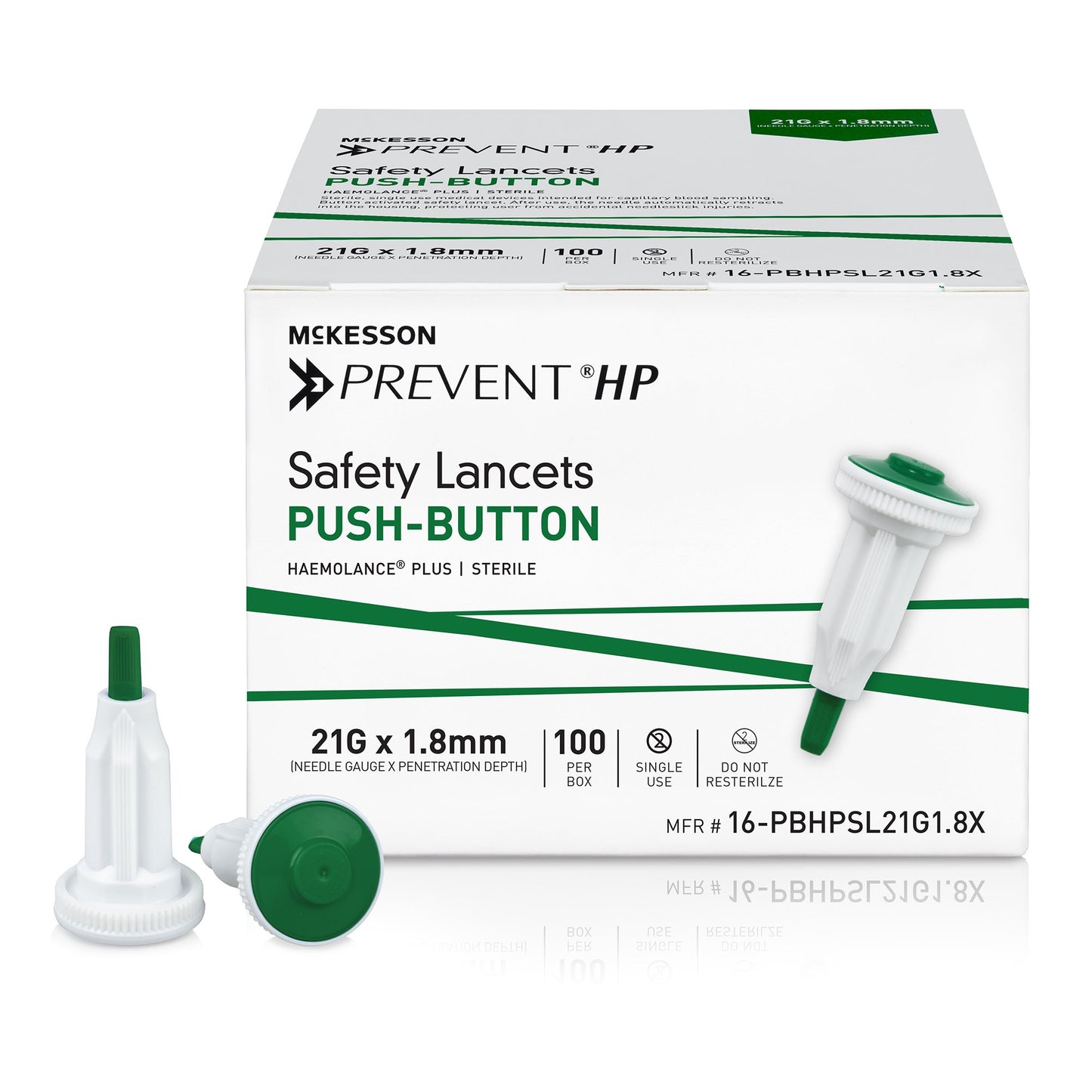 McKesson Prevent® HP Safety Lancet 21 Gauge Retractable Push Button Activation Finger (1217984_BX)