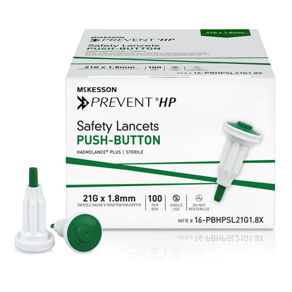 McKesson Prevent® HP Safety Lancet 21 Gauge Retractable Push Button Activation Finger (1217984_BX)