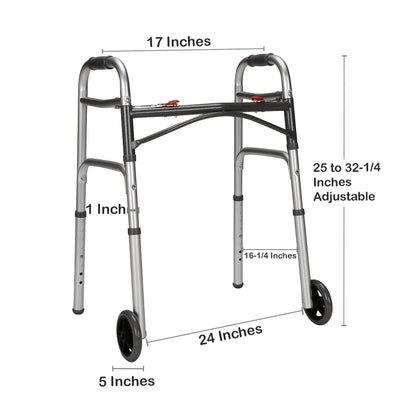 McKesson Dual Release Folding Walker with Wheels Adjustable Height Aluminum Frame 350 lbs. Weight Capacity 25 to 32-1/4 Inch Height (1088077_CS)