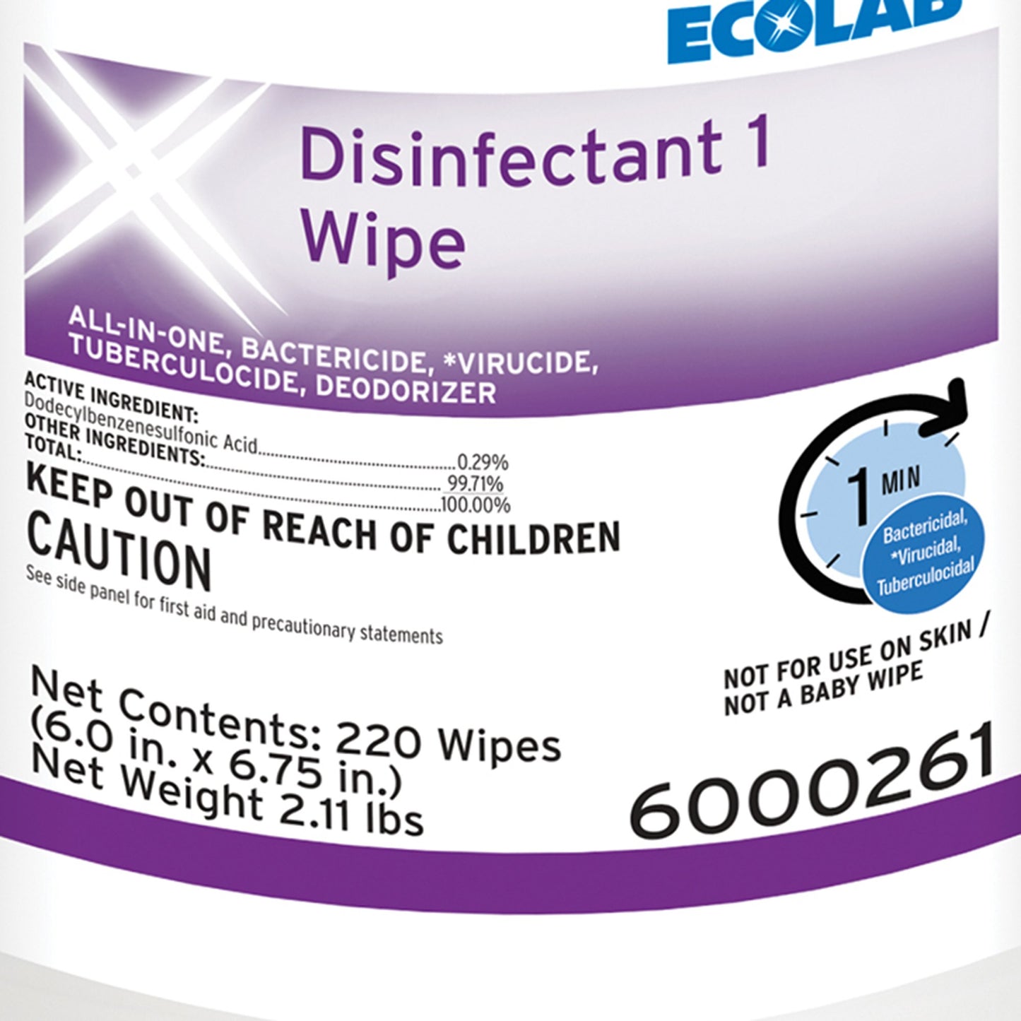 Ecolab® Disinfectant 1 Surface Disinfectant Cleaner Bactericidal Manual Pull Wipe 220 Count Canister Sweet Scent NonSterile (1186249_CT)