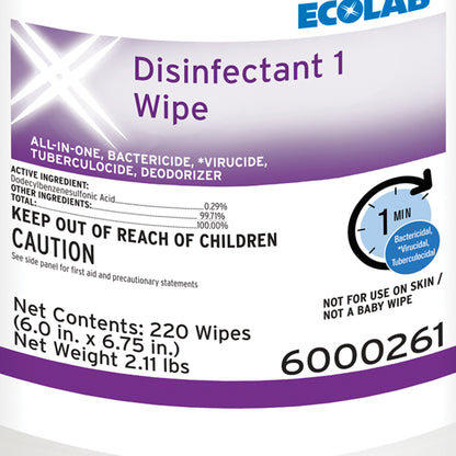 Ecolab® Disinfectant 1 Surface Disinfectant Cleaner Bactericidal Manual Pull Wipe 220 Count Canister Sweet Scent NonSterile (1186249_CT)