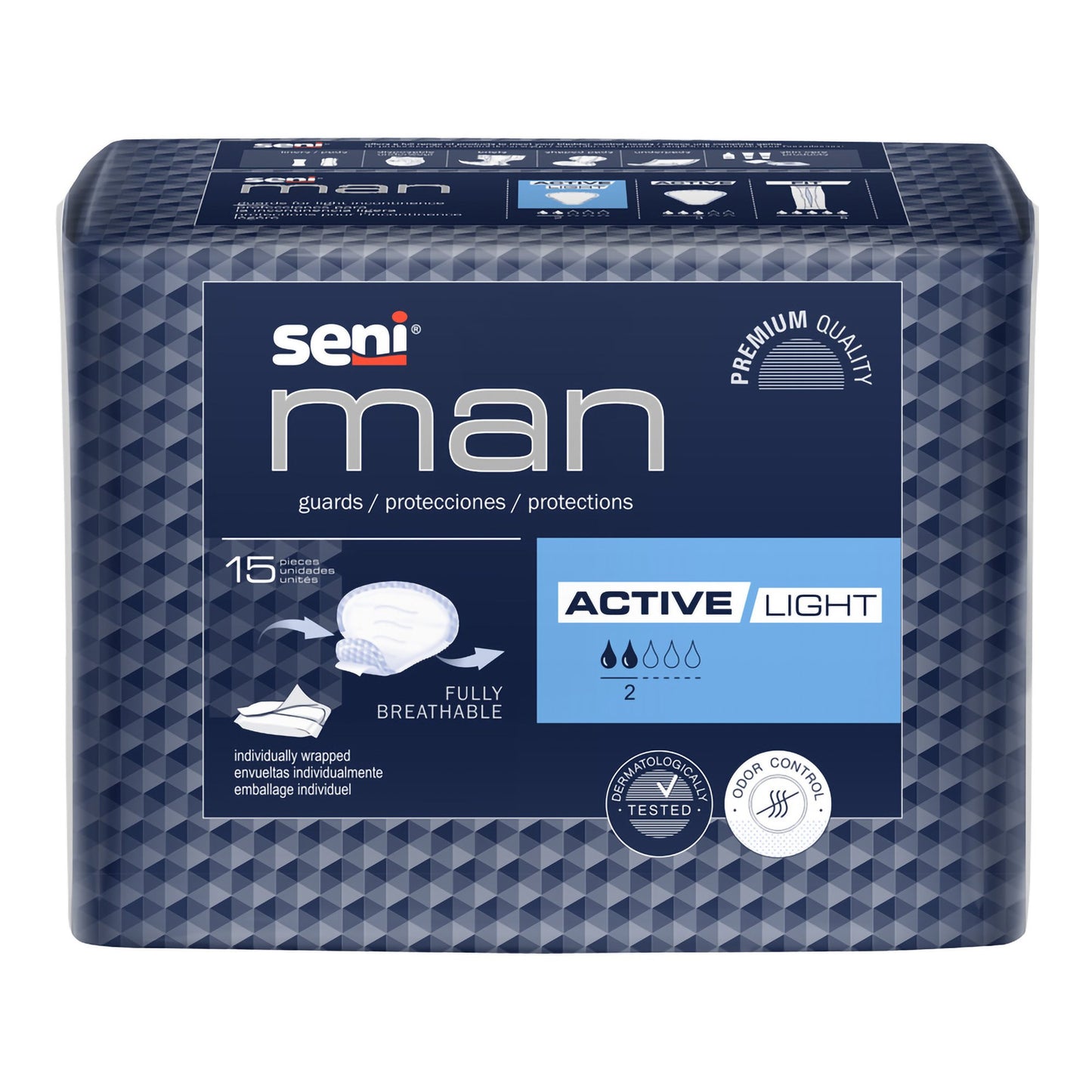 Seni® Man Active Light Bladder Control Pad 7-1/2 X 9-3/10 Inch Light Absorbency Super Absorbent Core One Size Fits Most (1231329_CS)