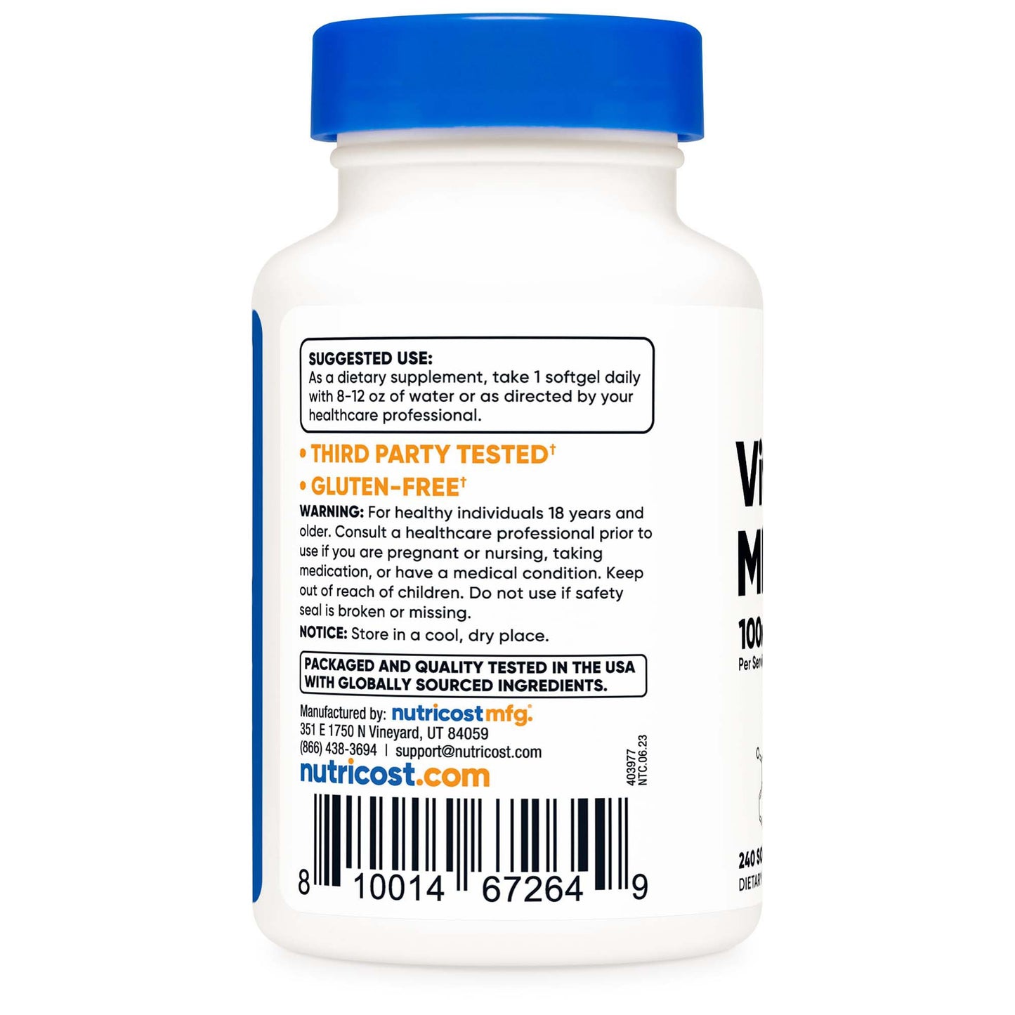 nutricost® Dietary Supplement Vitamin K2 MK-7 100 mcg Strength Softgel 240 Per Bottle (1270244_BT)