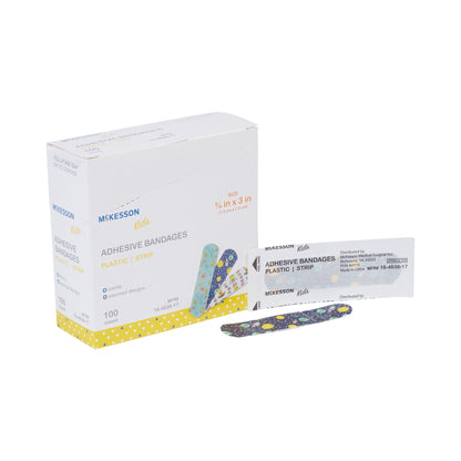 McKesson Kids™ Adhesive Strip 3/4 X 3 Inch Plastic Rectangle Kid Design (Assorted Prints) Sterile (1110980_BX)