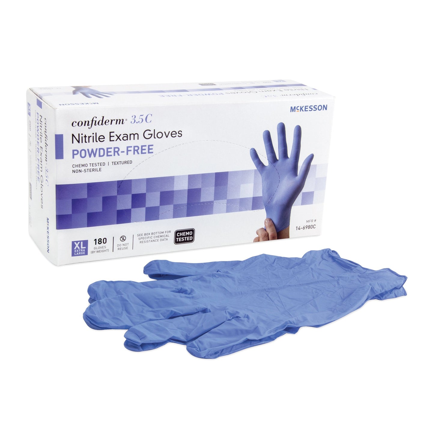 McKesson Confiderm® 3.5C Exam Glove X-Large NonSterile Nitrile Standard Cuff Length Textured Fingertips Blue Chemo Tested (767197_BX)