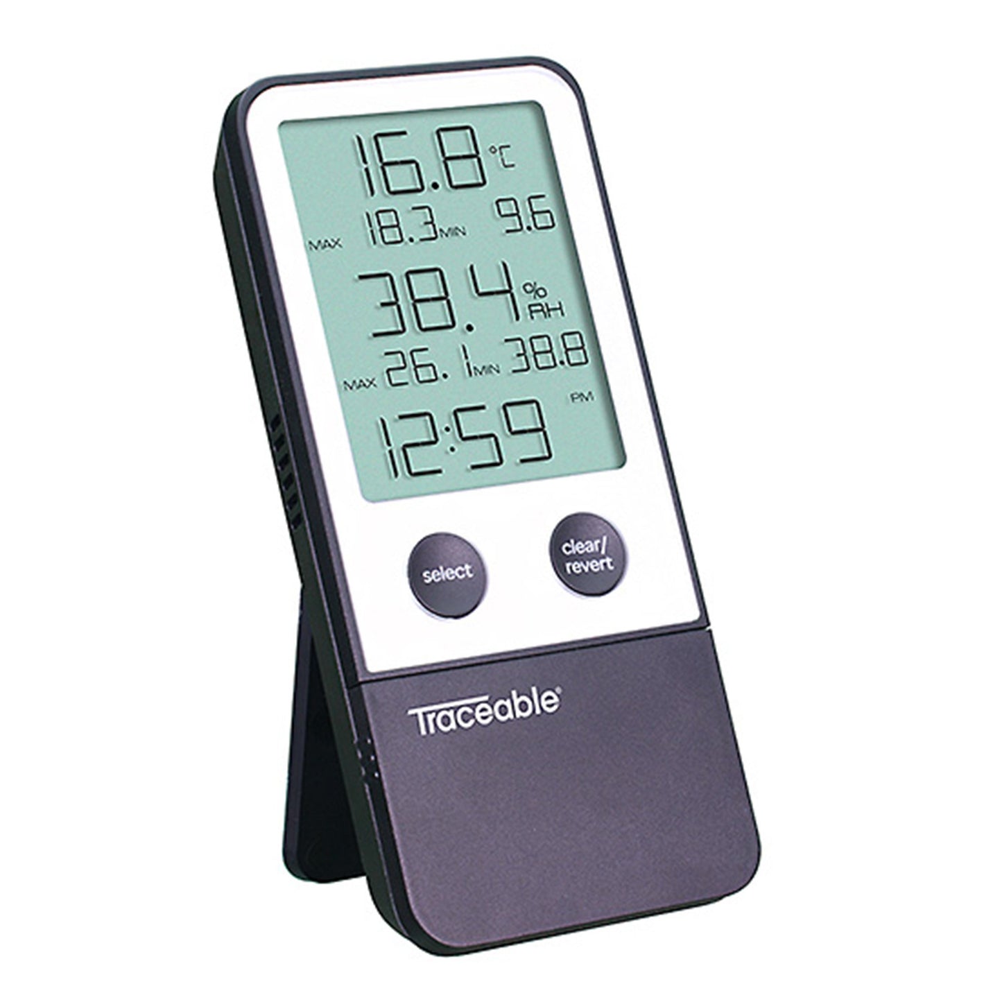 Traceable® Digital Thermometer / Hygrometer Fahrenheit / Celsius 32° to 122°F (0° to 50°C) Internal Sensor Flip-out Stand / Wall Mount Battery Operated (897971_EA)