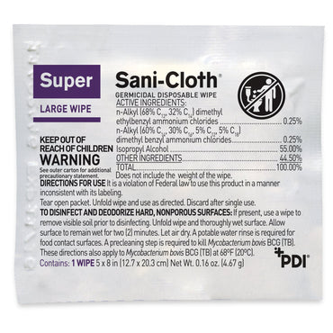 Super Sani-Cloth® Surface Disinfectant Cleaner Premoistened Germicidal Manual Pull Wipe 50 Count Individual Packet Alcohol Scent NonSterile (297456_CS)