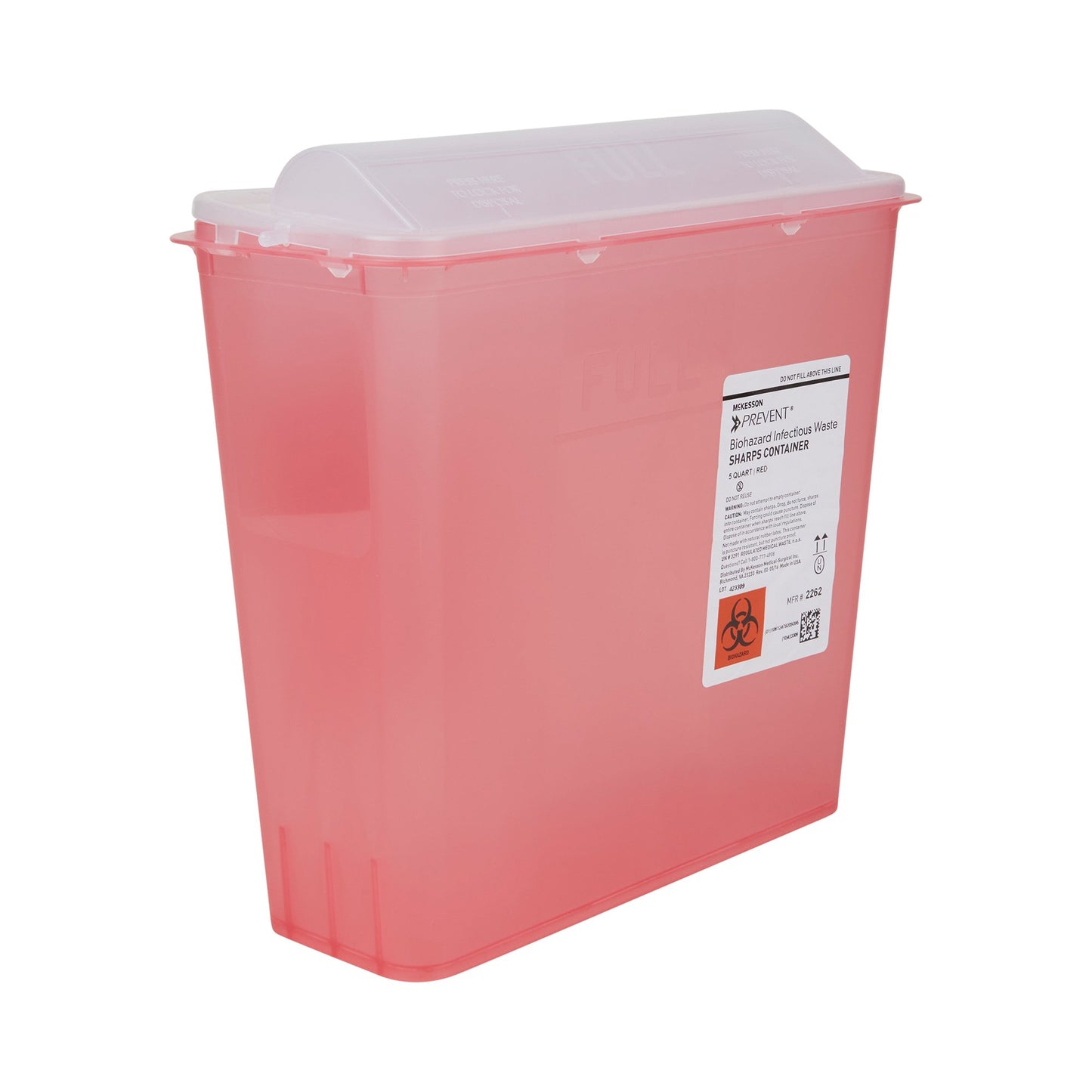 McKesson Prevent® Sharps Container Translucent Red Base 10-3/4 H X 10-1/2 W X 4-3/4 D Inch Horizontal Entry 1.25 Gallon (881399_BX)