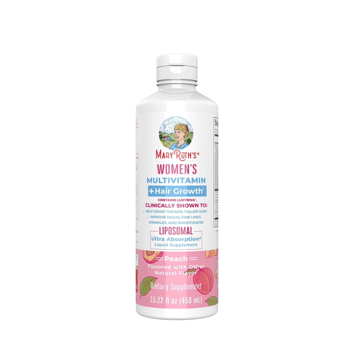 Mary Ruth's® Women's Multivitamin + Hair Growth Liposomal Multivitamin Supplement Vitamin A / D / E / Biotin 500 mcg - 25 mcg - 7 mg - 10,000 mcg Strength Liquid 15.22 oz. Peach Flavor (1271767_EA)