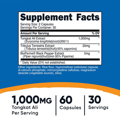 nutricost® Dietary Supplement Tongkat 1,000 mg Strength Capsule 60 Per Bottle (1270265_BT)
