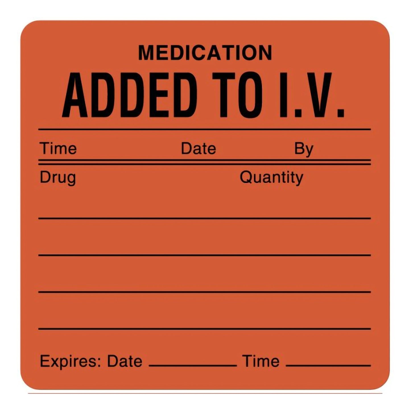 UAL™ Pre-Printed Label Auxiliary Label Fluorescent Red Paper Added To I/V. Tme_Date_By_ Black Medication Instruction 2-1/2 X 2-1/2 Inch (490486_RL)