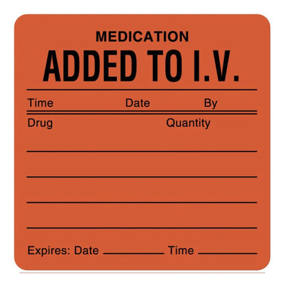 UAL™ Pre-Printed Label Auxiliary Label Fluorescent Red Paper Added To I/V. Tme_Date_By_ Black Medication Instruction 2-1/2 X 2-1/2 Inch (490486_RL)