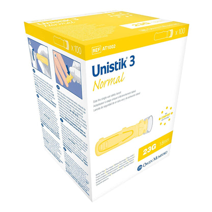 Unistik 3 Safety Lancet 23 Gauge Retractable Push Button Activation Finger (475825_BX)