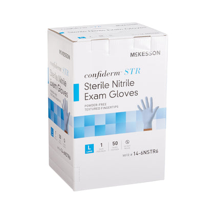 McKesson Confiderm® STR Exam Glove Large Sterile Pair Nitrile Standard Cuff Length Textured Fingertips Blue Not Rated (1065407_BX)