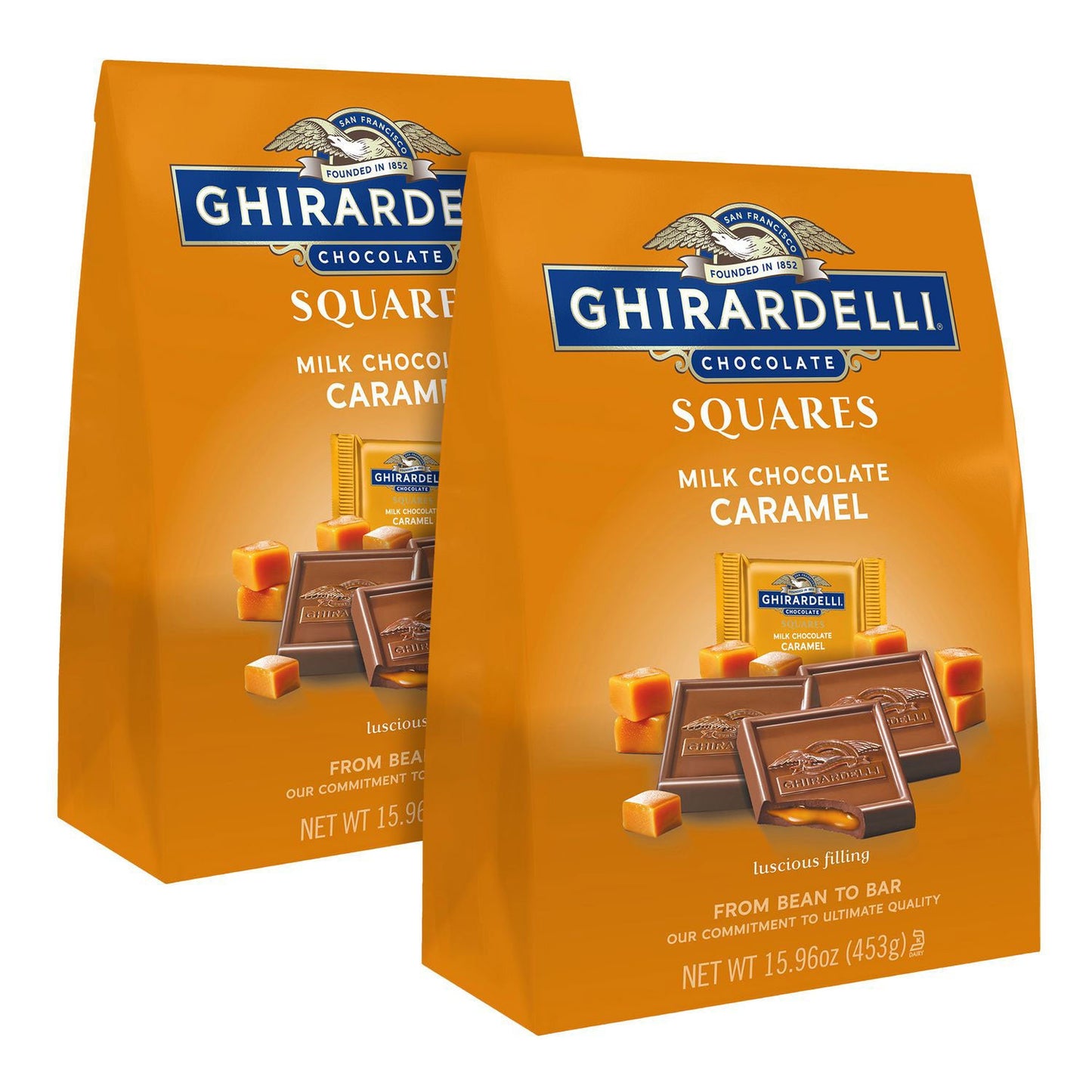 Ghirardelli Milk Chocolate and Caramel Chocolate Squares, 15.96 oz Bag, 2/Carton (GRR60004071)