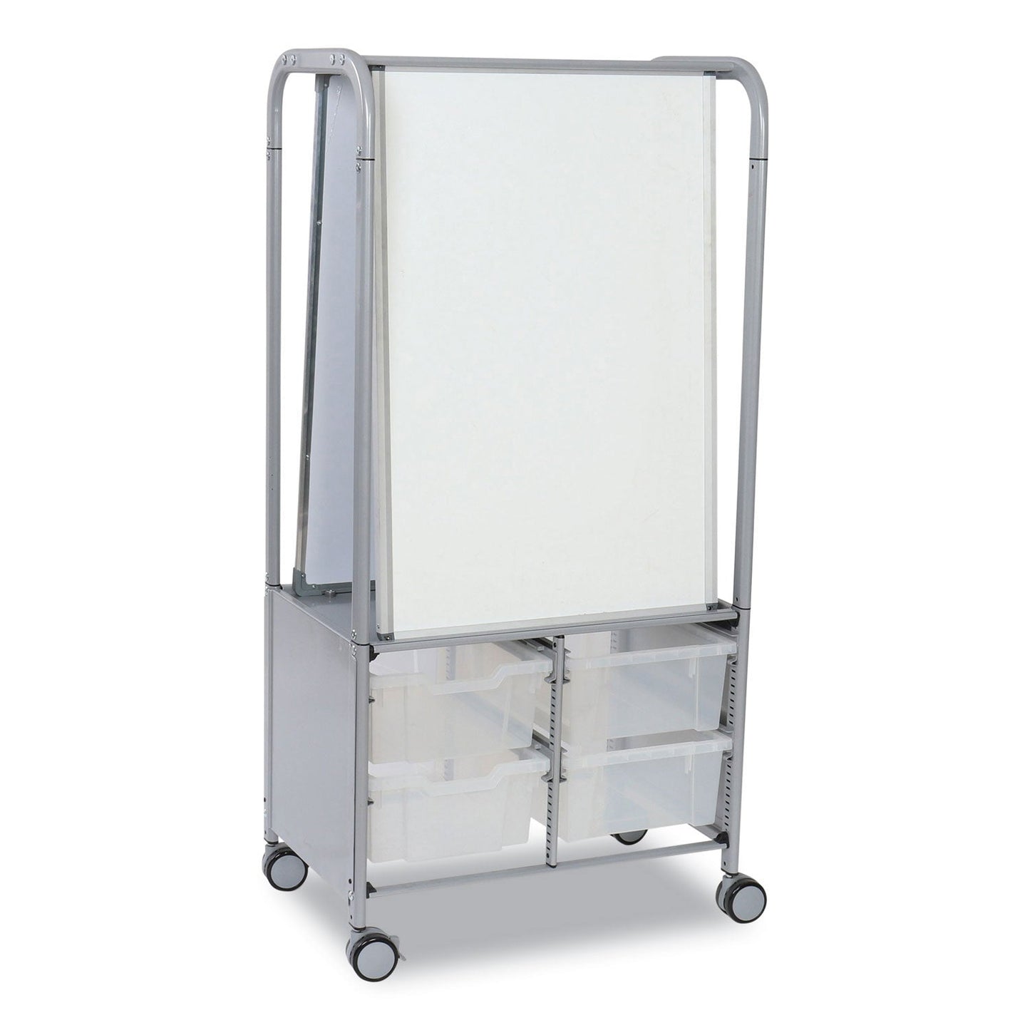 Gratnells Callero MakerHub Trolley Set 01, Metal, (2) Magnetic Whiteboards, (4) F2 Deep Bins, 27.4" x 17.3" x 56.3", Silver/Trans Frost (GTSMST054420)