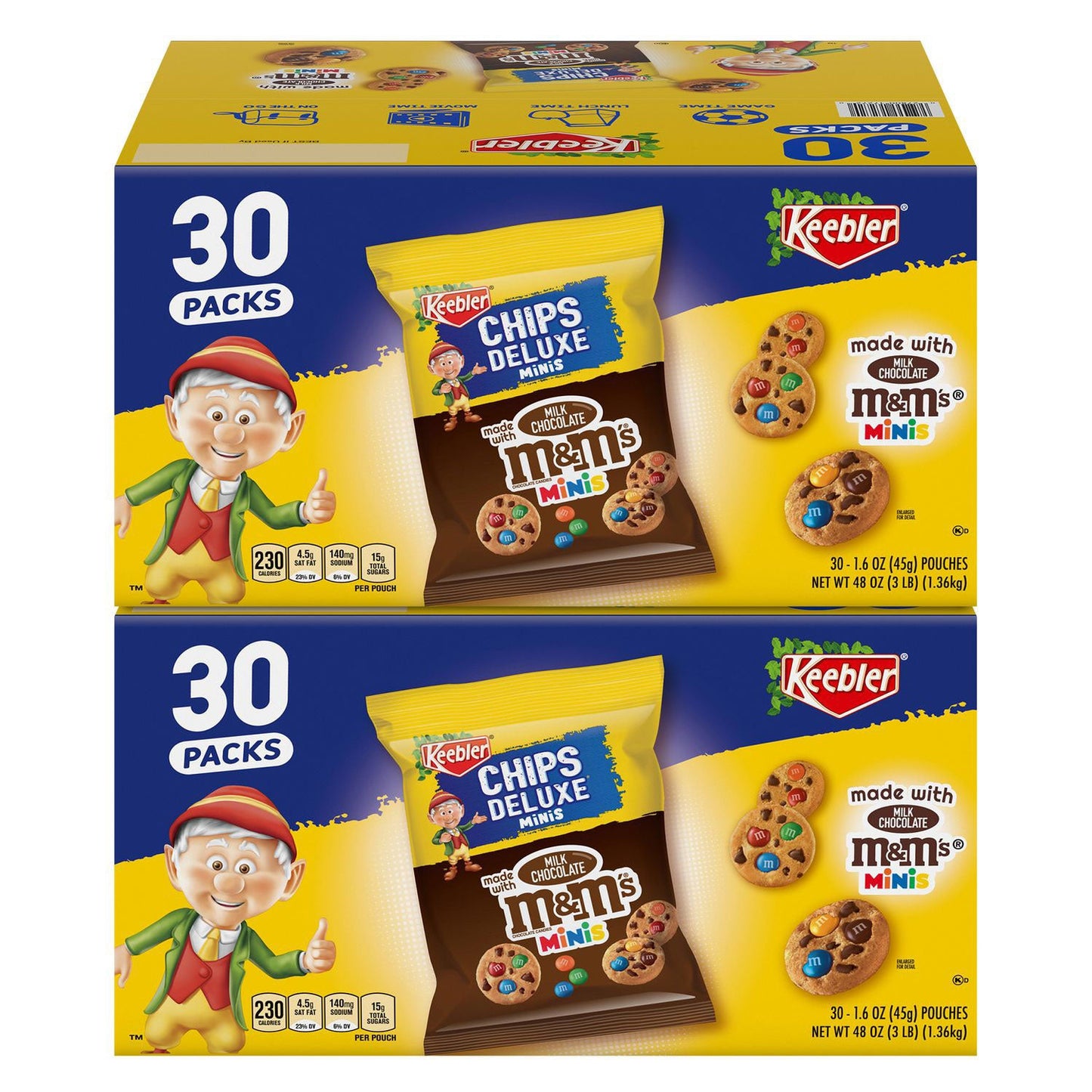 Keebler M&M Cookie Packs, Chocolate, 1.6 oz Pouch, 30/Box, 2 Boxes/Carton (GRR60004085)
