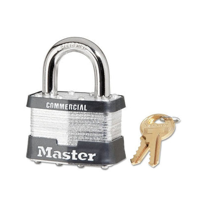 Master Lock® No. 5 Laminated Steel Padlock, 3/8 in dia x 15/16 in W x 1 in H Shackle, Silver/Gray, Keyed Alike, Keyed A112 (470-5KA-A112)