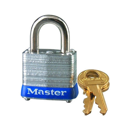 Master Lock® No. 7 Laminated Steel Padlock, 3/16 in dia, 1/2 in W x 9/16 in H Shackle, Silver/Blue, Keyed Different (470-7D)