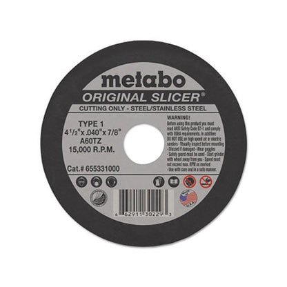 Metabo Original Slicer Cutting Wheel, Type 1, 4-1/2 in dia, 0.045 in Thick, 60 Grit, Aluminum Oxide (469-655331000)