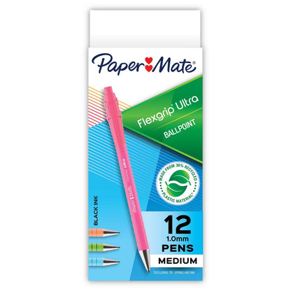 Sharpie FlexGrip Ultra Recycled Ballpoint Pen, Retractable, Medium, 1 mm, Black Ink, Assorted Barrels, Dozen (PAP2204001)