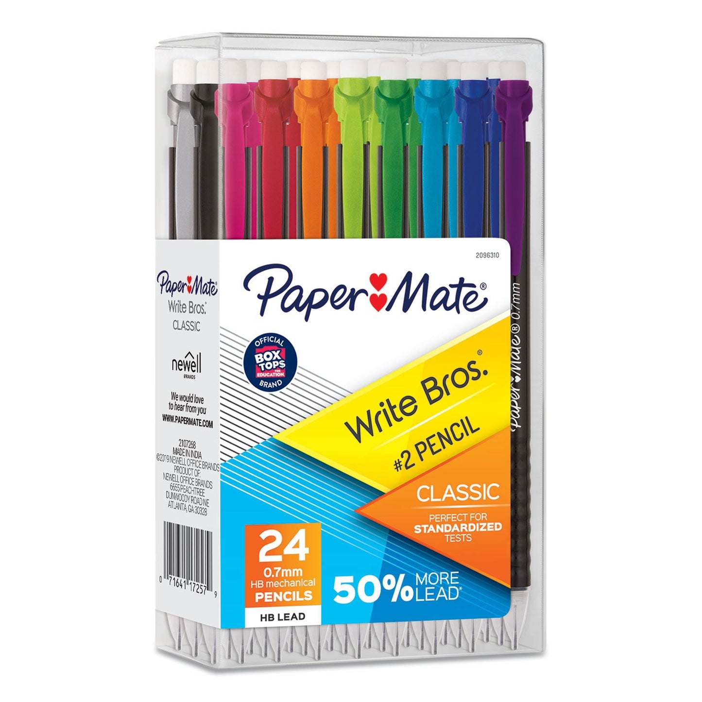 Papermate Write Bros Mechanical Pencil, 0.7 mm, HB (#2), Black Lead, Black Barrel with Assorted Clip Colors, 24/Box (PAP2096310)
