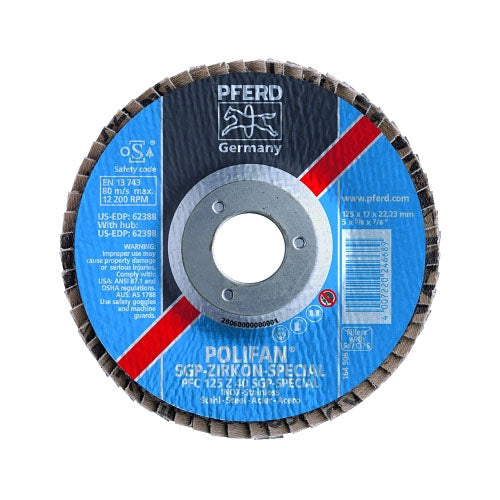 Pferd Inc Type 29 POLIFAN® SGP Flap Disc, 7 in dia, 40 Grit, 7/8 in dia Arbor, 8,600 RPM, Ceramic Oxide (419-62669)