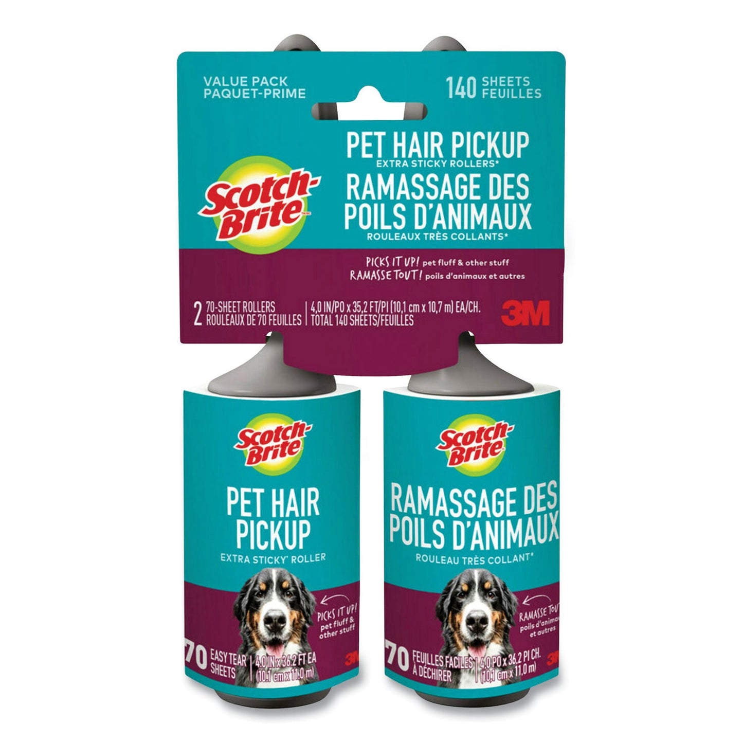 Scotch Brite Pet Hair Pickup Lint Roller, 70 Sheets/Roller, 2/Pack (MMM839RS70TP)
