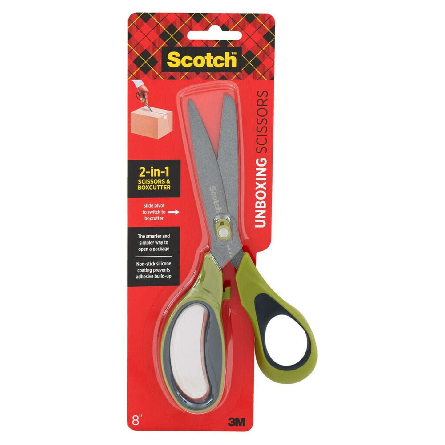 Scotch Non-Stick Unboxing Scissors, 8" Long, 2.7" Cut Length, Green/Black Handle (MMM1488NS)
