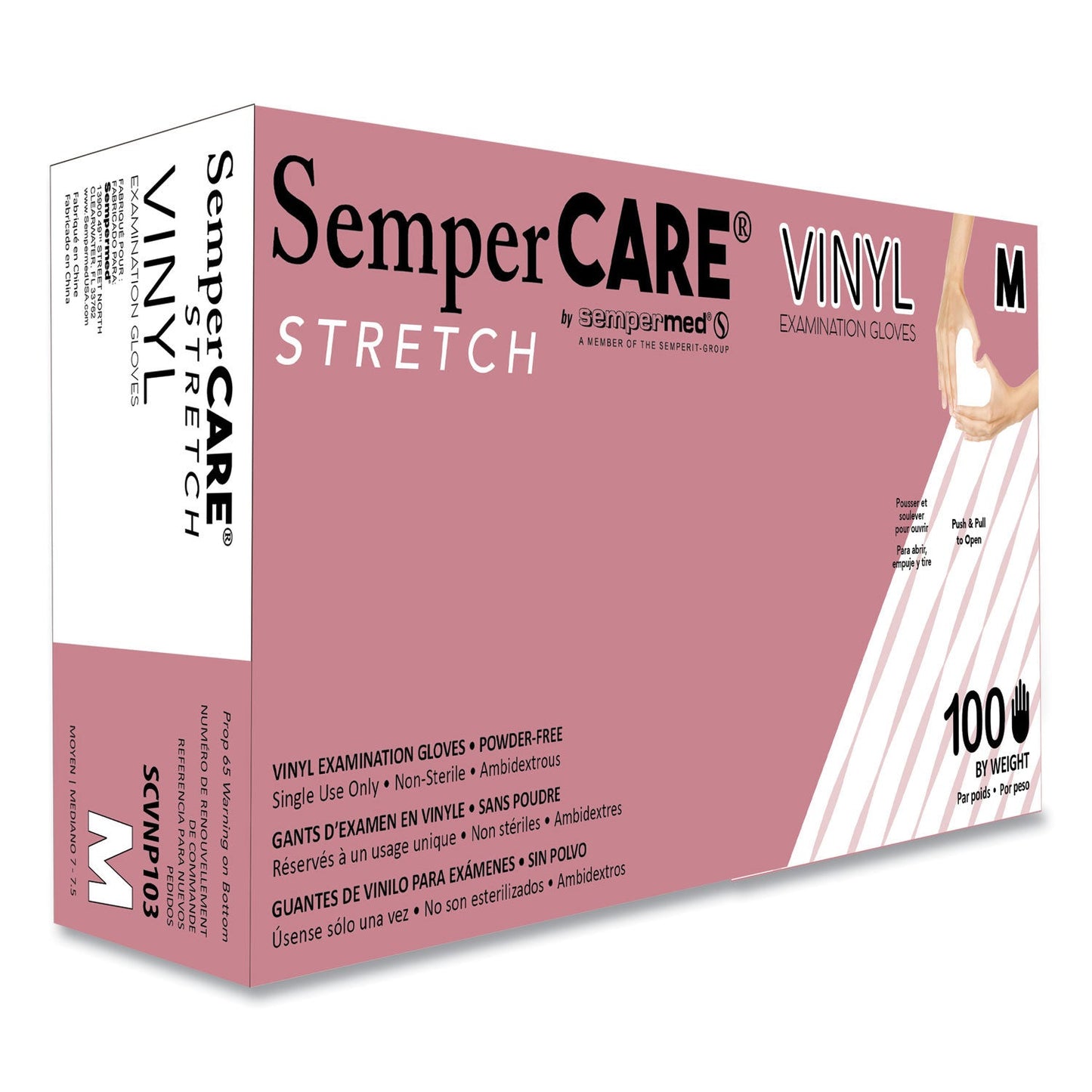 SemperCare Stretch Vinyl Examination Gloves, Cream, Medium, 100/Box (SEZSCVNP103BX)