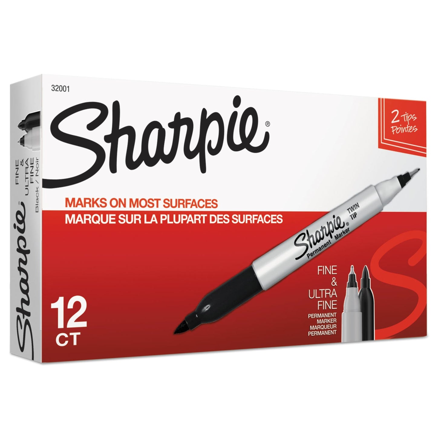 Sharpie Twin-Tip Permanent Marker, Fine/Extra-Fine Bullet Tip, Black, Dozen (SAN32001BX)