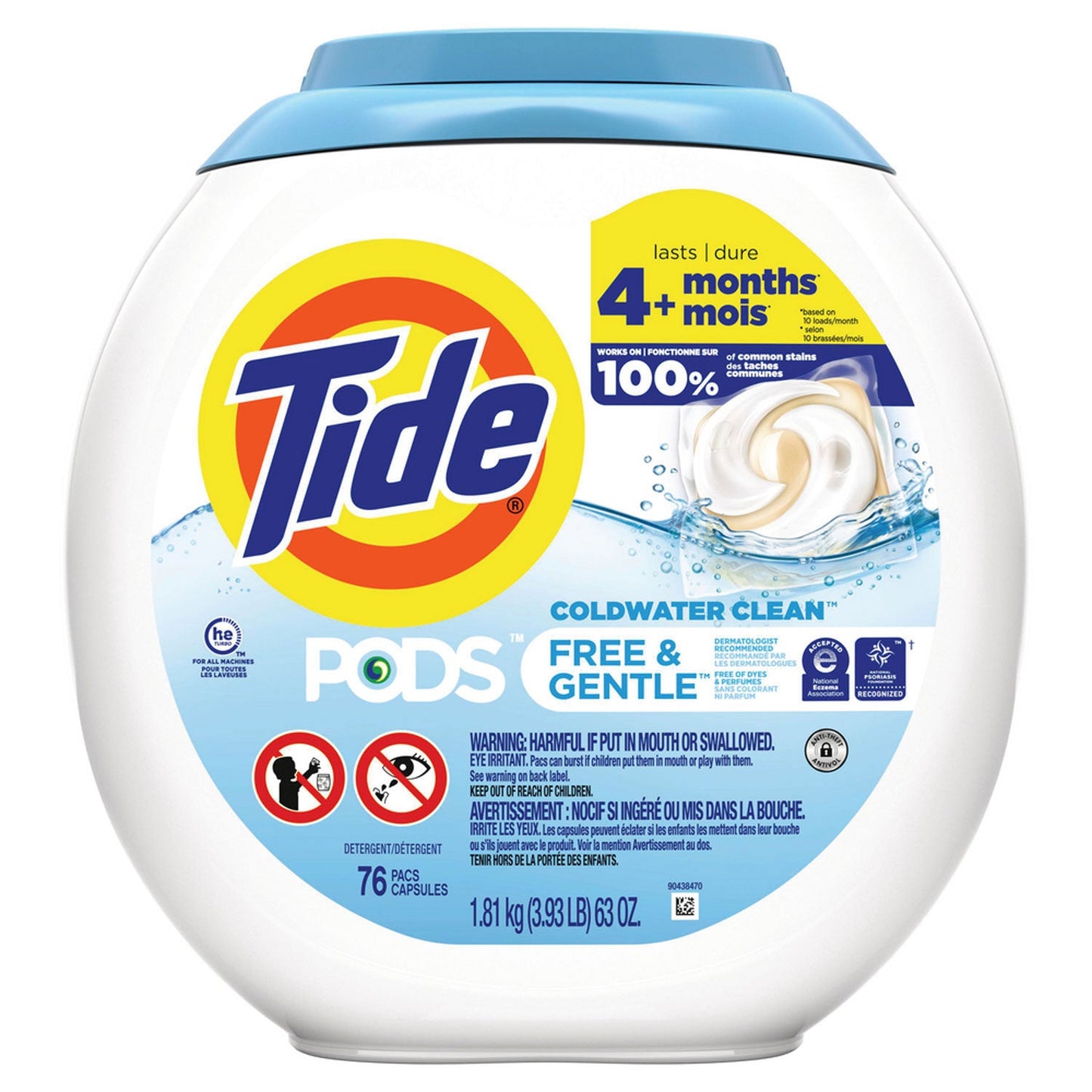 Tide PODS Laundry Detergent, Free and Gentle, 63 oz Tub, 76 Pacs/Tub, 4 Tubs/Carton (PGC09488CT)